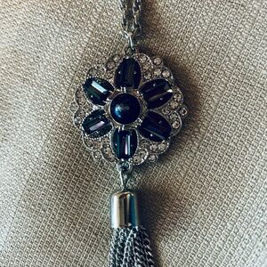 Long Silver Necklace w/ navy blue gems